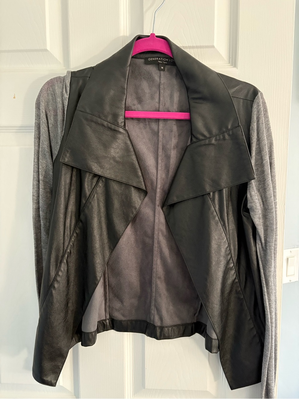 Generation Love Black Faux Leather Jacket with Gray Knit Sleeves